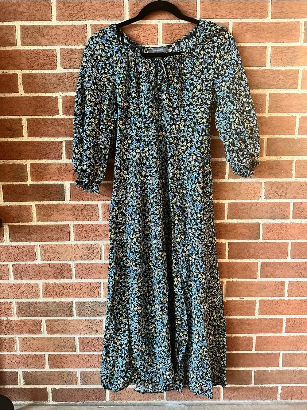 Primark Floral Maxi dress 3/4 Sleeve Blue Green Yellow Leg Slit Women’s, Size 6